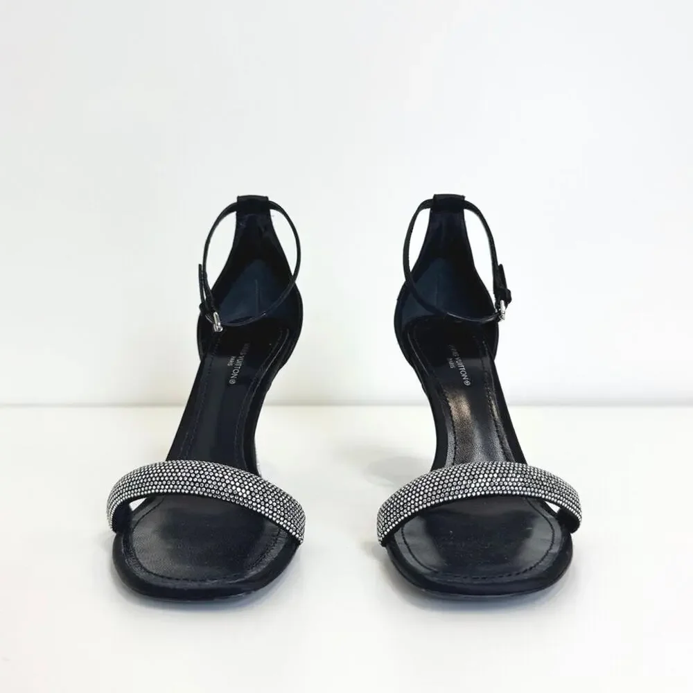 Louis Vuitton Black Satin Rhinestone Ankle Strap Heeled Sandals 37.5 NEW LV Shoe